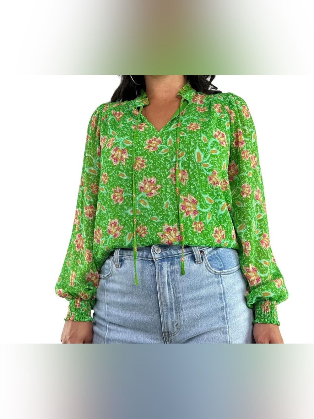 Joie Green Floral Lined Tie Front Blouse. Size M